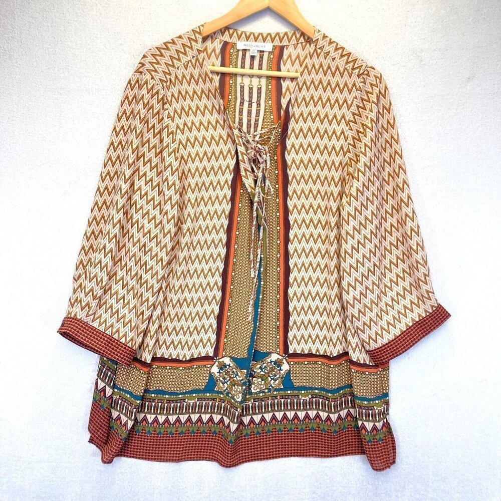 Rose + Olive Boho Tunic Blouse Womens 2X Tan Geometric‎ Lace Up Chiffon Top